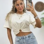 BEL METAL BÜZGÜ CROP TİŞÖRT - KREM