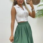 GİZLİ DÜĞME SIFIR KOL CROP GÖMLEK - BEYAZ