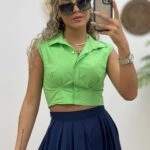GİZLİ DÜĞME SIFIR KOL CROP GÖMLEK - AÇIK YEŞİL