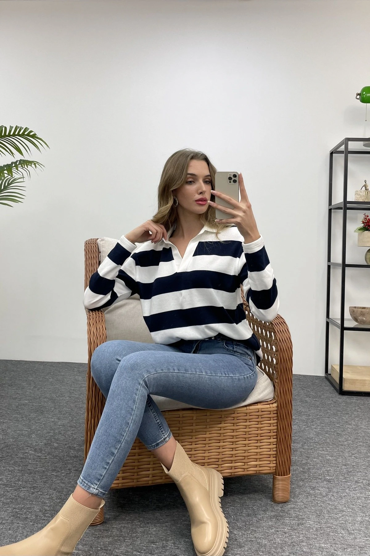 POLO YAKA ÇİZGİLİ TRİKO - LACİVERT - Görsel 1