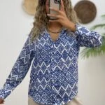 DESENLİ V YAKA SATEN GÖMLEK - MAVİ