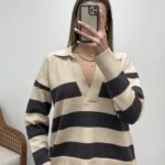 POLO YAKA ÇİZGİLİ KAZAK - AÇIK BEJ