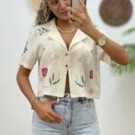 KANAVİÇE NAKIŞLI CROP GÖMLEK - NATUREL