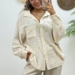 TAŞ İŞLEMELİ PAMUK GÖMLEK - NATUREL