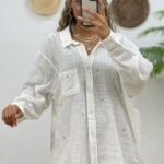 TAŞ İŞLEMELİ PAMUK GÖMLEK - EKRU