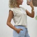 VATKALI TEK OMUZ DÜĞME ÇİZGİLİ TİŞÖRT - BEJ