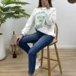 BİSİKLET YAKA YAZI NAKIŞLI SWEAT - EKRU