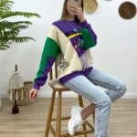 3 RENKLİ TAŞLI SWEAT - MOR