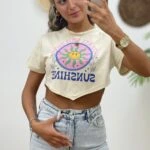 SUNSHİNE BASKI BEL VEREV CROP TİŞÖRT - AÇIK BEJ
