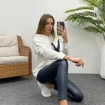 BEL LASTİKLİ DERİ TAYT - LACİVERT