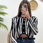 GOLD DÜĞME ASİMETRİK HIRKA - SİYAH BEYAZ