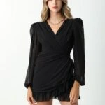 KRUVAZE YAKA BEL BÜZGÜLÜ ELBİSE - SİYAH