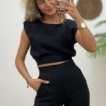 ARKA BEL LASTİK VATKALI CROP BLUZ - SİYAH