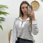 ÇİZGİLİ ÖNÜ FERMUARLI SWEAT - GRİ