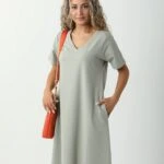 V YAKA PENYE ELBİSE - KÜF YEŞİLİ