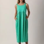 ETEĞİ POPLİN ASKILI ELBİSE - ÇAĞLA YEŞİLİ