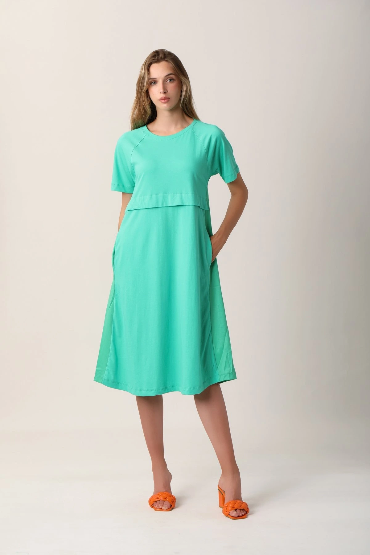 ARKA POPLİN PENYE ELBİSE - ÇAĞLA YEŞİLİ - Görsel 1