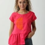 YARI BASKI FIRFIRLI TİŞÖRT - FUŞYA