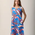 DESENLİ SIFIR KOL PAMUK ELBİSE - SAKS