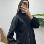 YAN DERİ BALIKÇI YAKA SWEAT - SİYAH