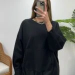 KANGRU CEP BİLEK VE ETEK UCU DİKİŞLİ SWEAT - SİYAH