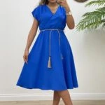 KRUVAZE BEL LASTİKLİ MİDİ ELBİSE - SAKS