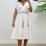 KRUVAZE BEL LASTİKLİ MİDİ ELBİSE - EKRU