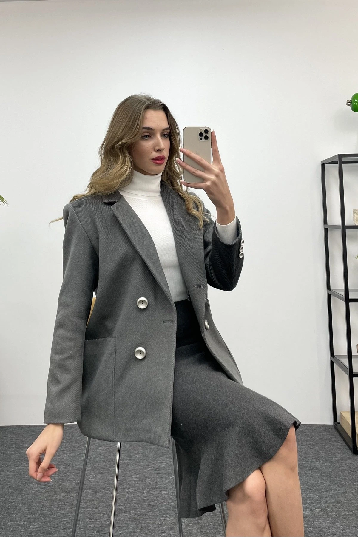 DİEGONEL KARE CEP CEKET - GRİ - Görsel 1