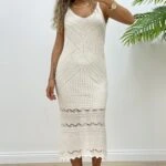 ASKILI AJUR DESEN ASTARLI TRİKO ELBİSE - EKRU