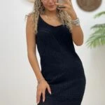 ASKILI AJUR DESEN ASTARLI TRİKO ELBİSE - SİYAH