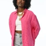 33152 ÖN OVAL KENDİNDEN DESENLİ SALAŞ VİSKON PAMUK GÖMLEK - FUŞYA