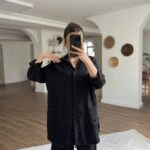 34420 PARLAK DOKU DESEN UZUN İPEK VİSKON GÖMLEK - SİYAH