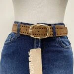 3,5CM ÇİFT DELİKLİ GOLD TOKA KEMER - CAMEL