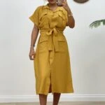 4 CEP BEL KUŞAKLI KATLI KOL VİSKON GÖMLEK ELBİSE - HARDAL