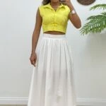 ARKA BEL LASTİK PLİSE MİDİ BOY ETEK - EKRU