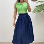 ARKA BEL LASTİK PLİSE MİDİ BOY ETEK - LACİVERT