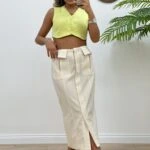 ÇİFT CEP KAPAK MİDİ BOY PAMUK ETEK - BEJ