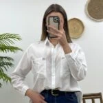 CEP ÇİZGİ KETEN GÖMLEK - BEYAZ