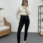 DÜĞME DETAY STREÇ PANTOLON - SİYAH