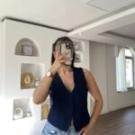 AGRAFLI ARKA BRİT KETEN YELEK - LACİVERT