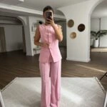 AKSESUAR TAM SIRA DÜĞMELİ YELEK PANTOLON VİSKON TAKIM - PEMBE