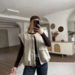 ALTI LASTİK CEPLİ GENİŞ FERMUAR ASTARLI PAMUK YELEK - TAŞ