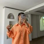 ARKA A PİLE ÇİZGİ DOKU MODAL VİSKON GÖMLEK - ORANGE