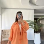 ARKA A PİLE DÜŞÜK OMUZ TEK CEP MODAL GÖMLEK - ORANGE