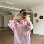 ARKA A PİLE PARLAK DOKU SALAŞ PAMUK GÖMLEK - PEMBE