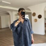 ARKA A PİLE PARLAK DOKU SALAŞ PAMUK GÖMLEK - LACİVERT