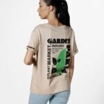 ARKA BASKILI KALP NAKIŞ KISA KOL TİŞÖRT - BEJ