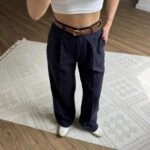 ARKA BEL LASTİK BOL PAÇA KETEN VİSKON PANTOLON - LACİVERT