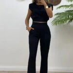 ARKA BEL LASTİK İSPANYOL PAÇA PANTOLON - SİYAH