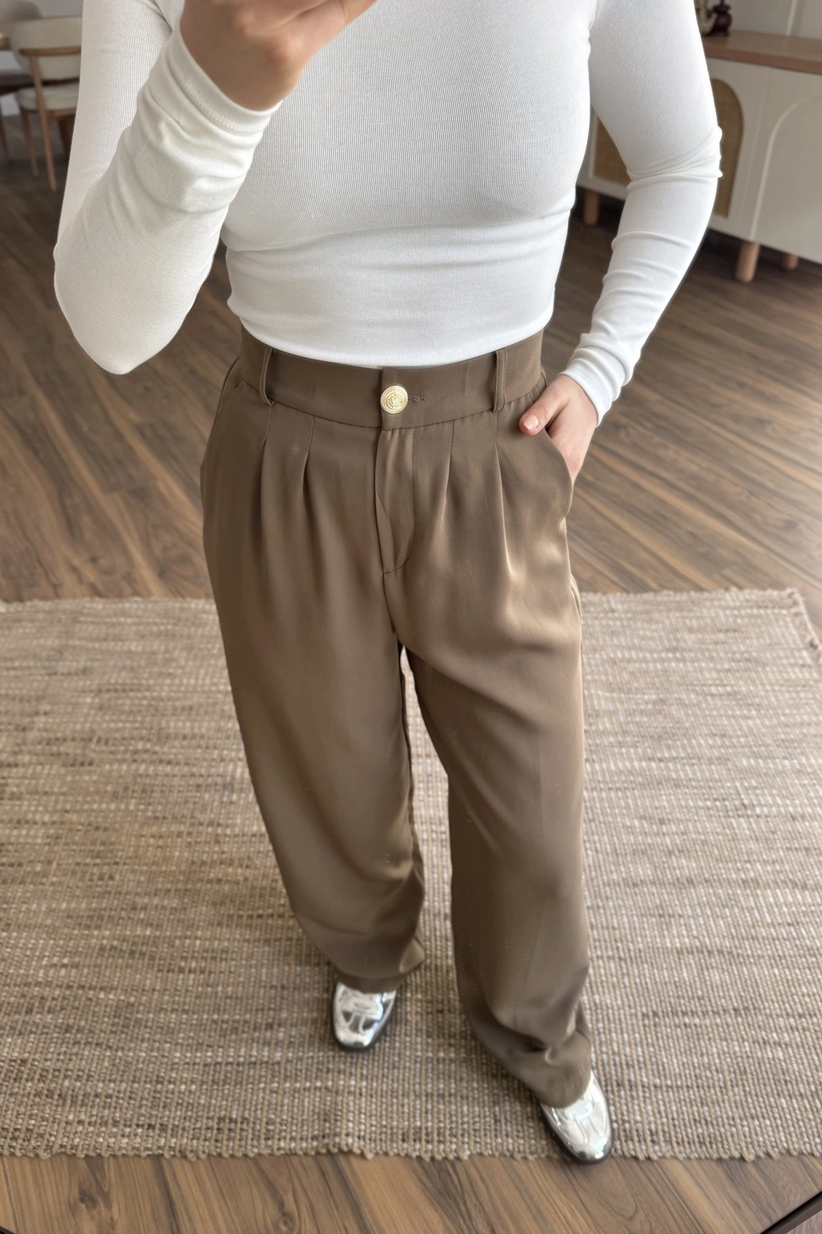 ARKA BEL LASTİK TİRİL PALAZZO PANTOLON - KOYU HAKİ - Görsel 1